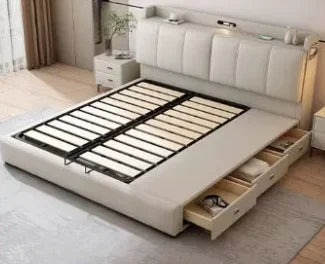 lit double beige simili cuir tiroirs rangement tête lit lumineuse moderne chambre