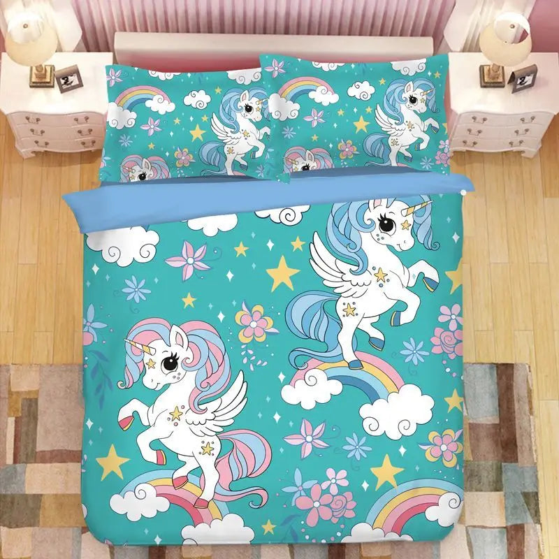 Détail de l'impression 3D licorne sur la housse de couette