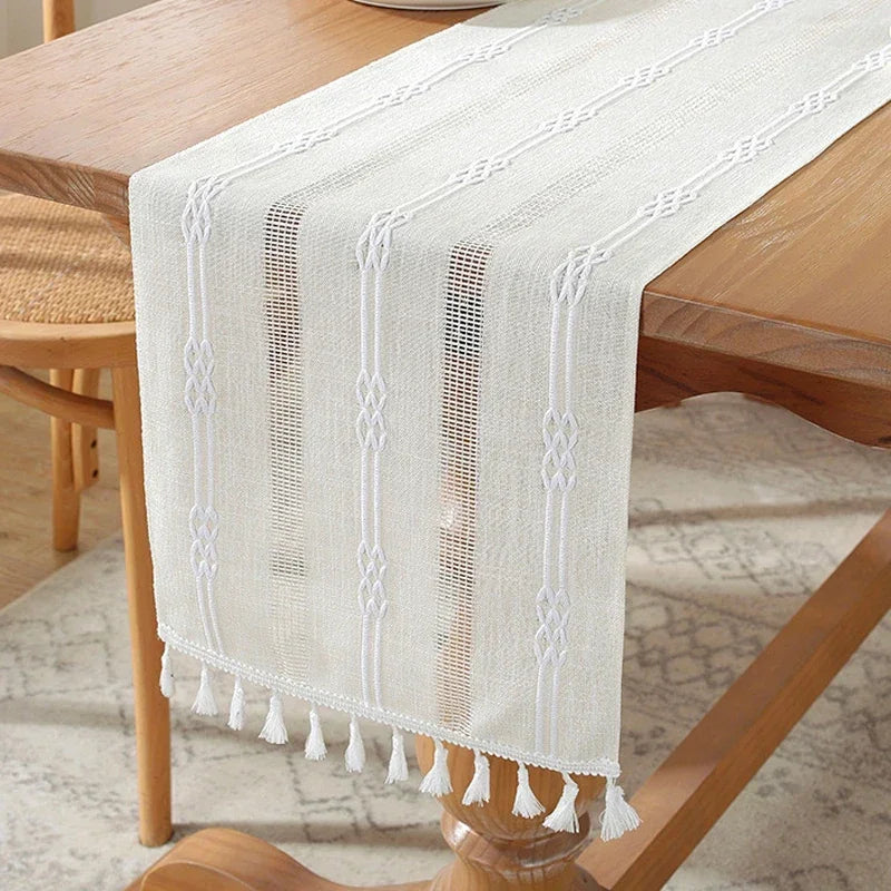 nappe décorative bohème géométrique franges semi transparente blanc rose vert gris bleu marine table