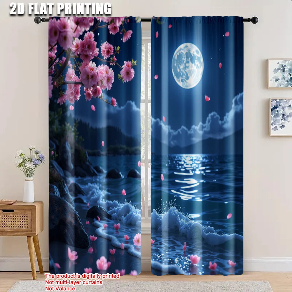 rideau fleurs cerisier lune nuages bleu nuit rose clair paysage nocturne polyester deux pièces