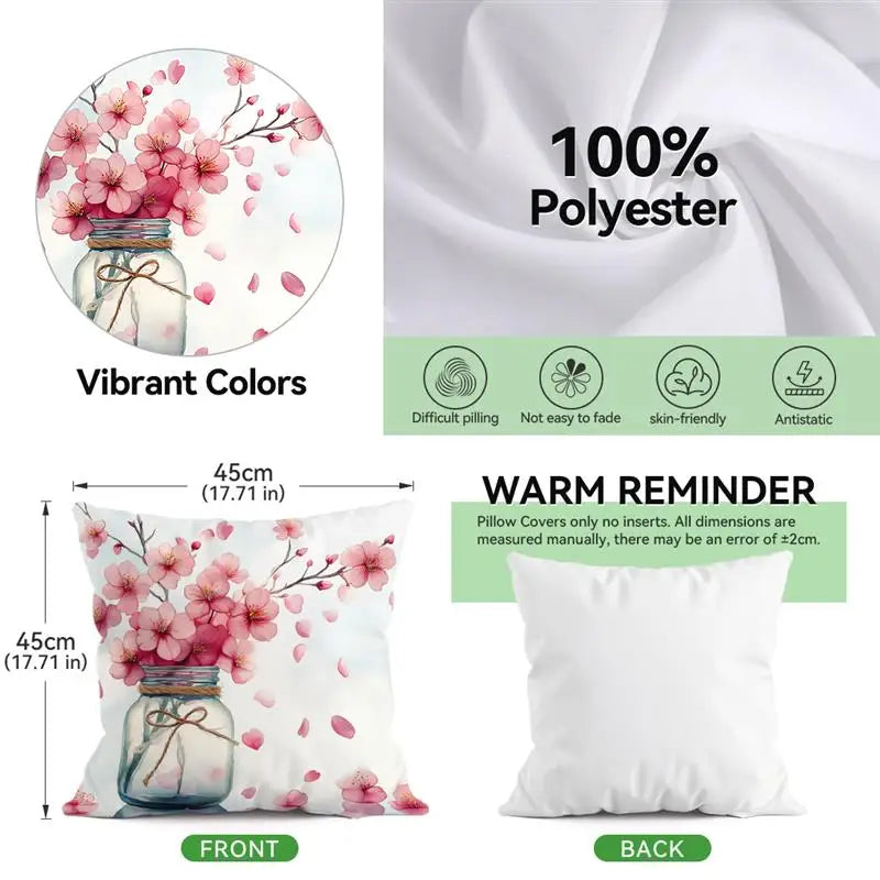 housse coussin polyester imprimé fleurs rose branches moderne blanc chambre lit set 4pcs