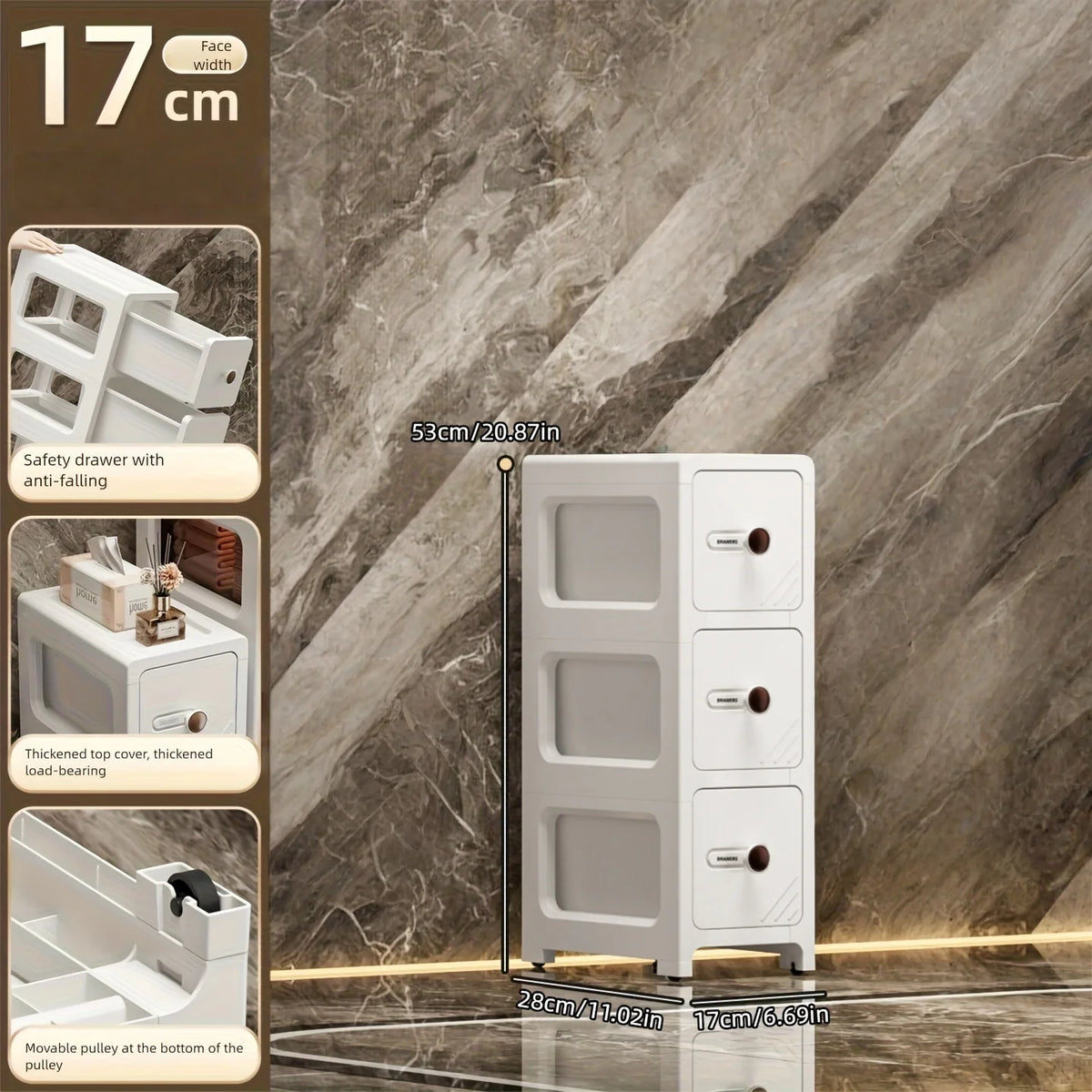 meuble rangement blanc moderne tiroirs transparents rayures diagonales noires pliable porte bouteilles cosmétiques