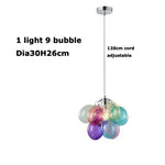 suspension lumineuse moderne transparente boules colorées violet bleu vert orange rose blanc
