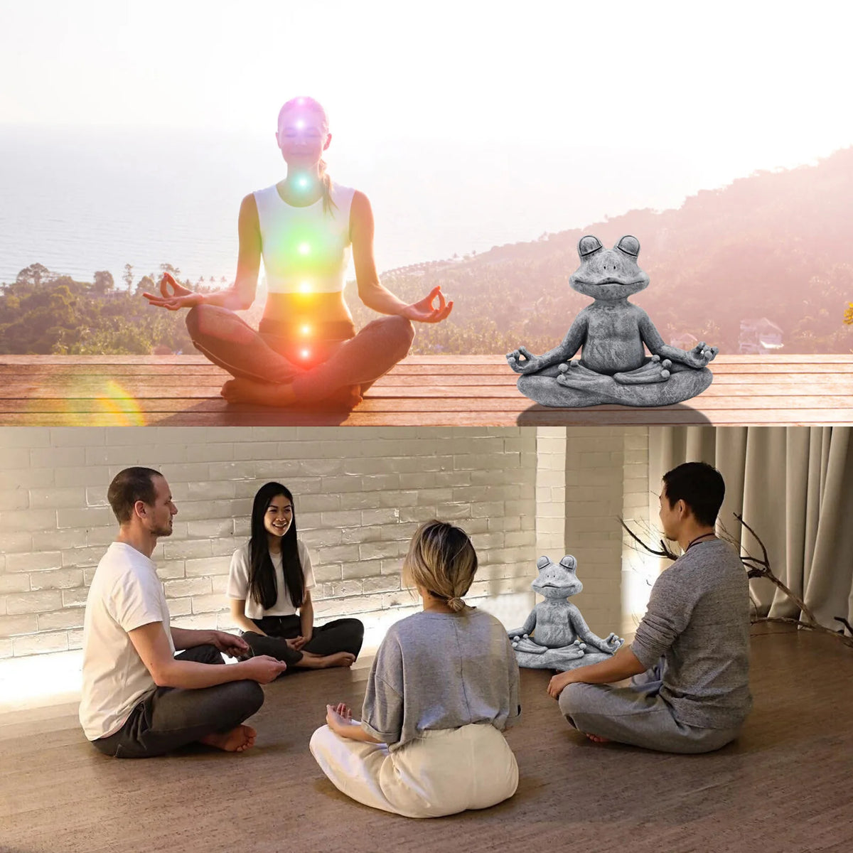 statue grenouille yoga gris pierre naturelle zen decoratif exterieur intérieur chambre bleu vert rose