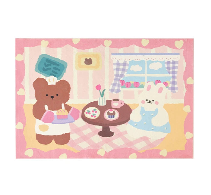 Une illustration colorée et ludique montrant un ours en peluche assis à une table avec des gâteaux et des tasses de thé, entouré d'un décor de chambre pour enfants avec des fenêtres, des ballons et des motifs à carreaux.