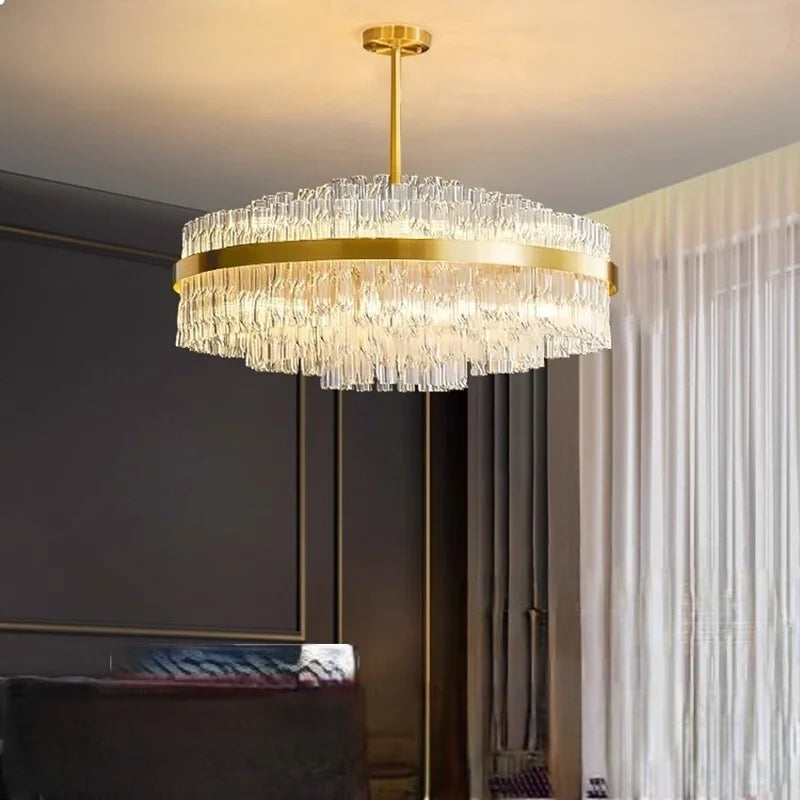 Suspension lumineuse moderne dorée cristal taillé lumière blanche chaude naturelle(touches)