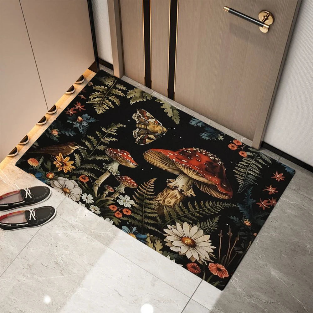 tapis moderne fleurs champignons papillons entrée intérieur extérieur résistant polyester
