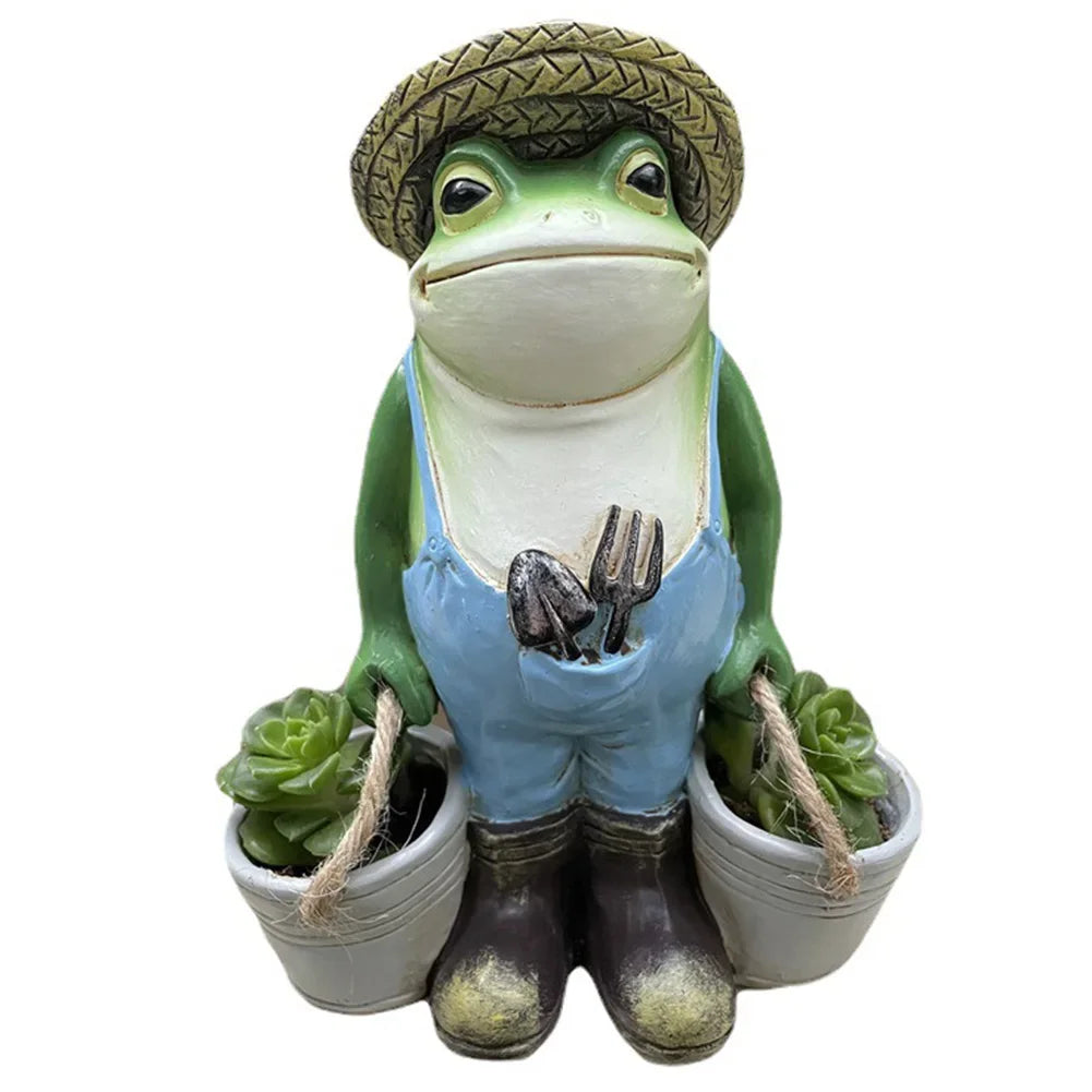 statue grenouille verte bleue jardin résine décorative pots fleurs outils pelle pioche chapeau succulentesintérieurextérieur