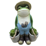 statue grenouille verte bleue jardin résine décorative pots fleurs outils pelle pioche chapeau succulentesintérieurextérieur