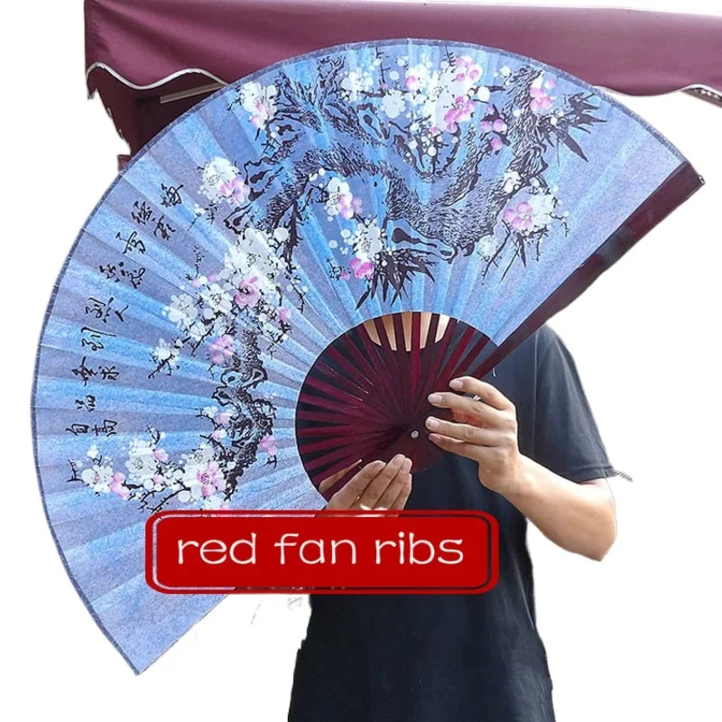 éventail traditionnel rouge bleu blanc fleurs cerisier bambou texte chinois art oriental opacité 50x88cm