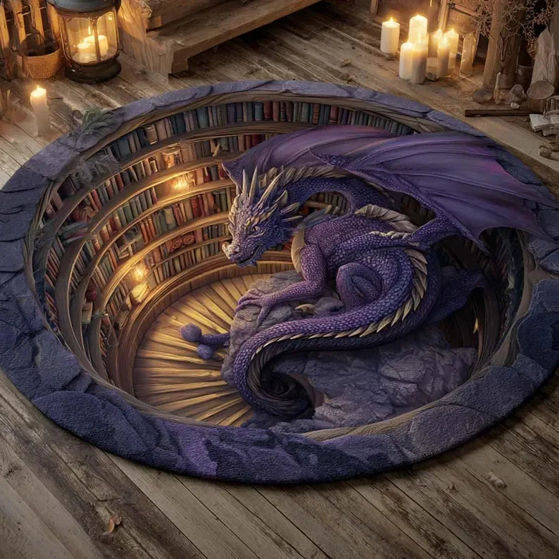 tapis rond polyester moderne marron noir violet blanc texture bois dragon spiral animaux non