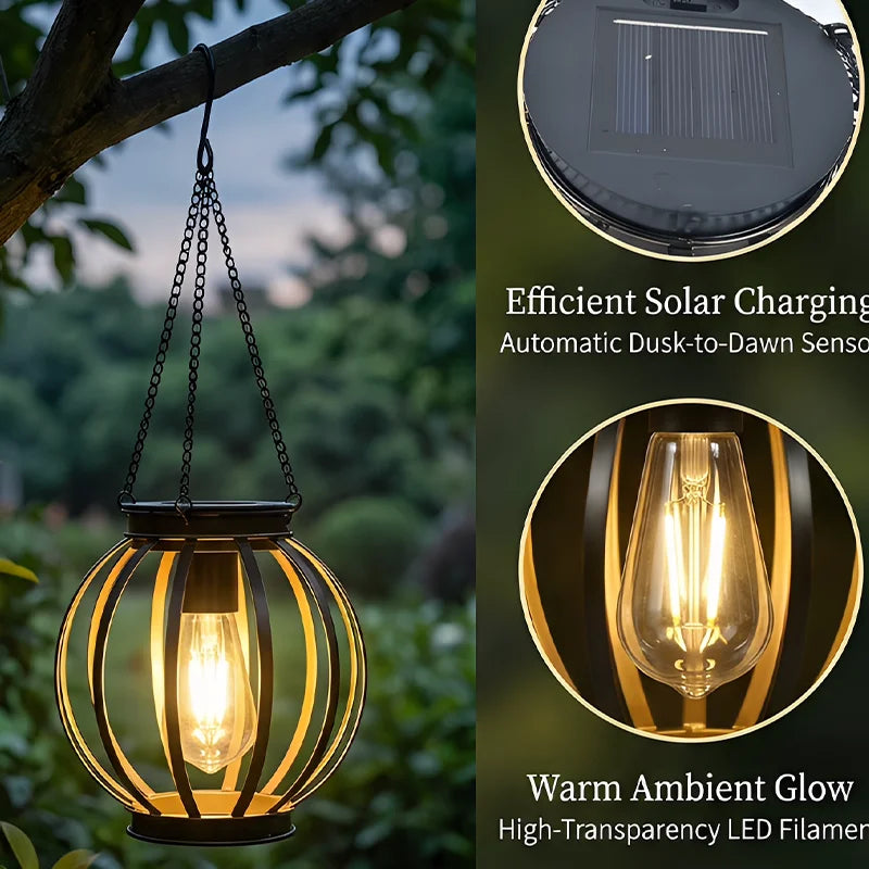 lanterne solaire suspendue noir doré structure fer forgée moderne rustique lumière ledambiante jardin