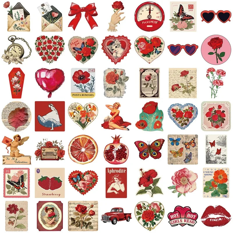 sticker vintage fleurs papillons coeurs blanc rouge enfants décoration scrapbooking fournitures scolaires