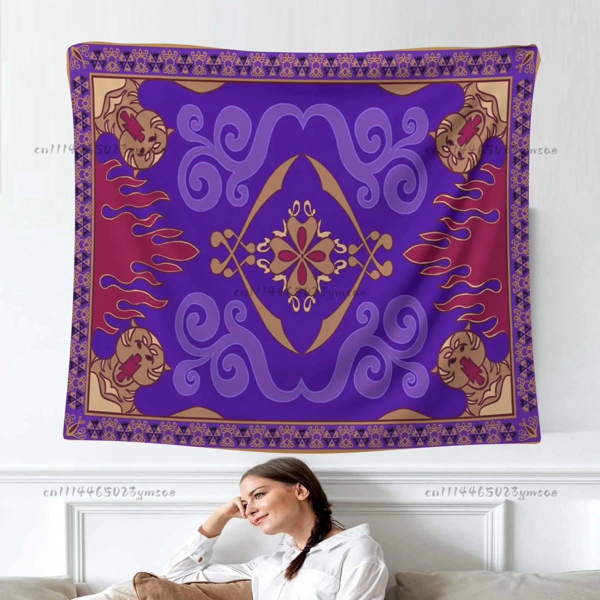 tapisserie murale moderne ethnique motifs floraux géométriques couleurs violet rouge beige or