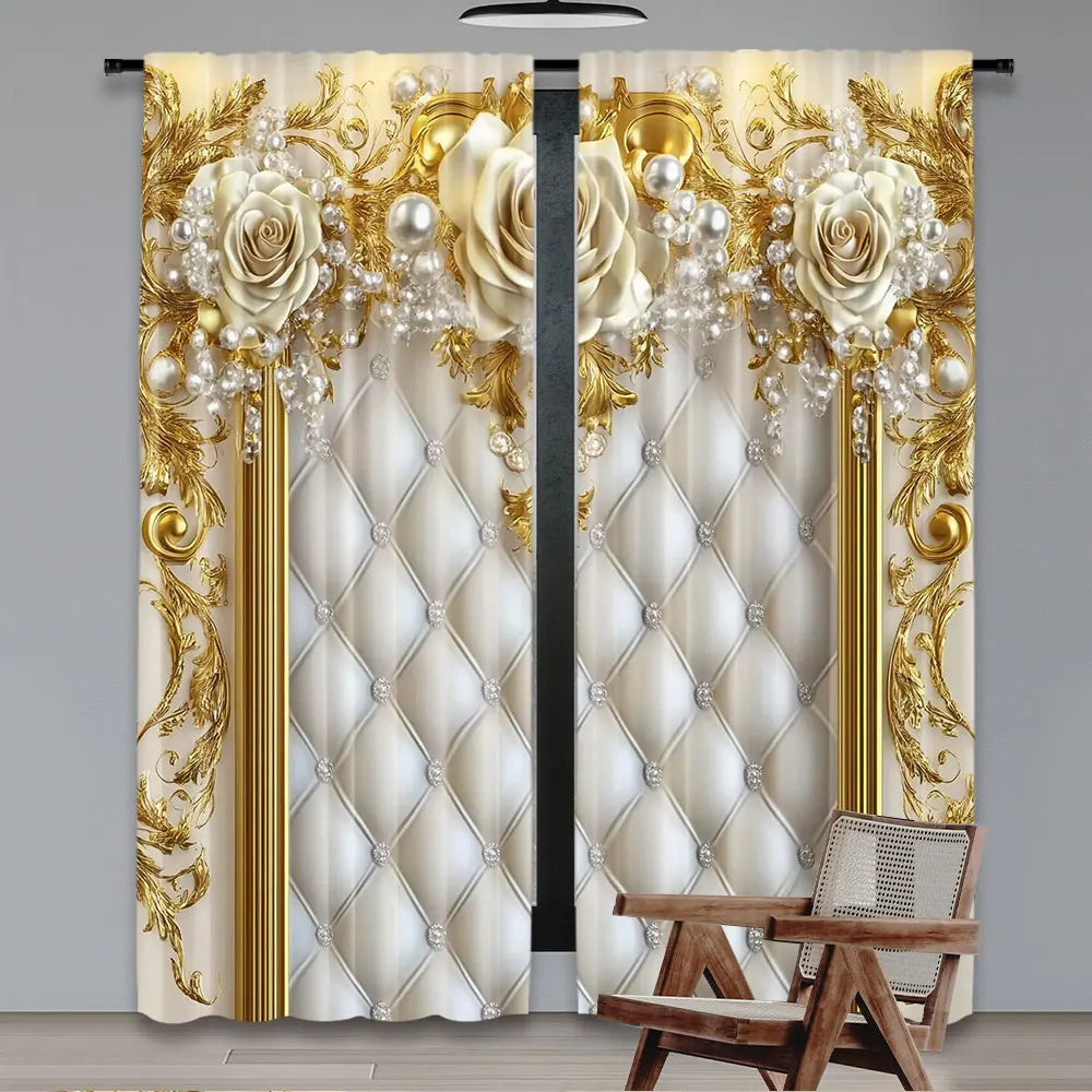 rideau deux pièces polyester roses blanches dorées classique baroque opaques blanc doré beige