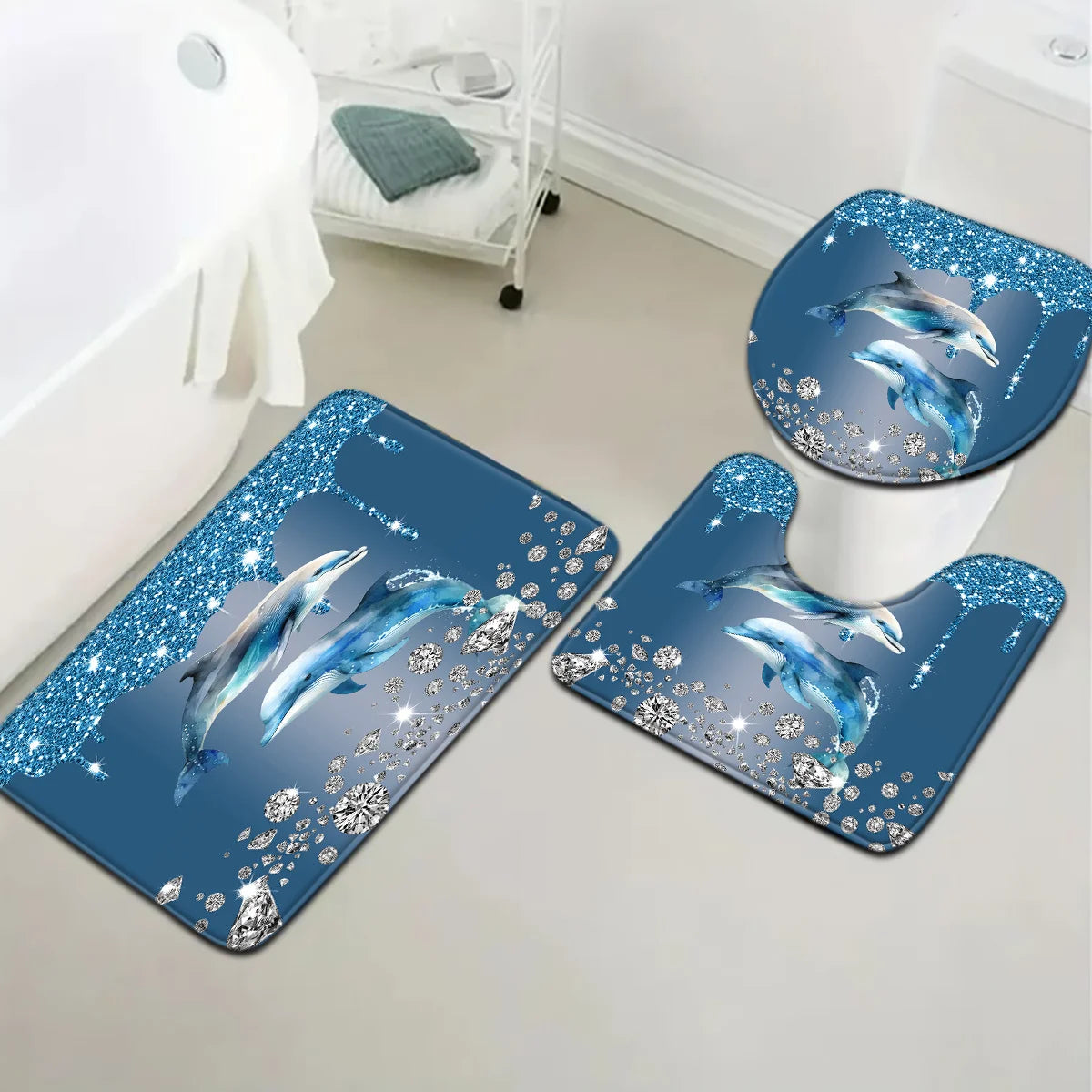 tapis bain ensemble dauphins bleus modernes respectueux environnement tapis sol toilette adhésifs decoration salle