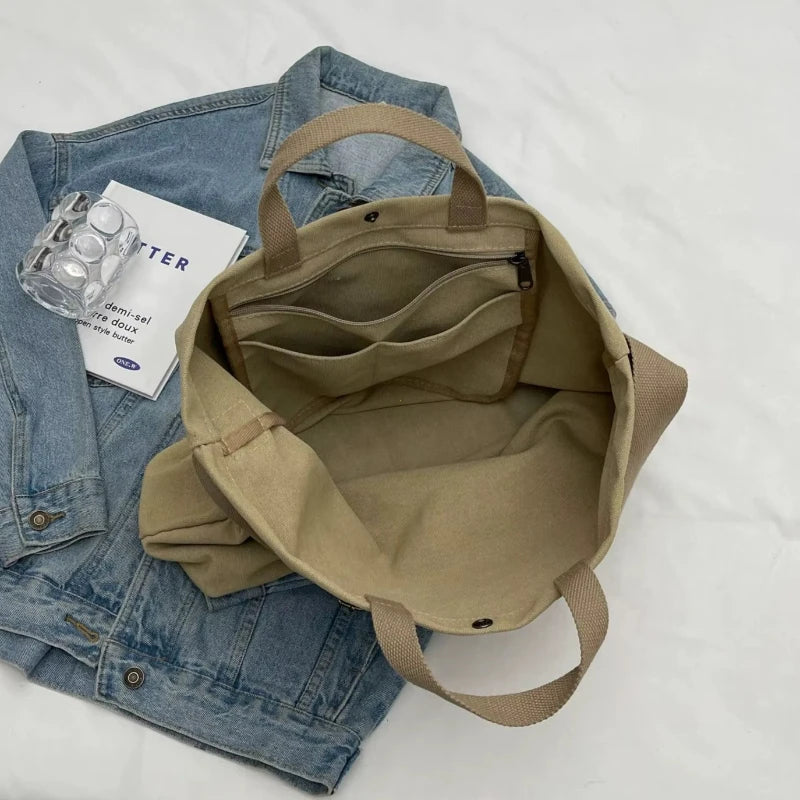 sac fourre tout toile décontracté lettre poche zippée beige casual