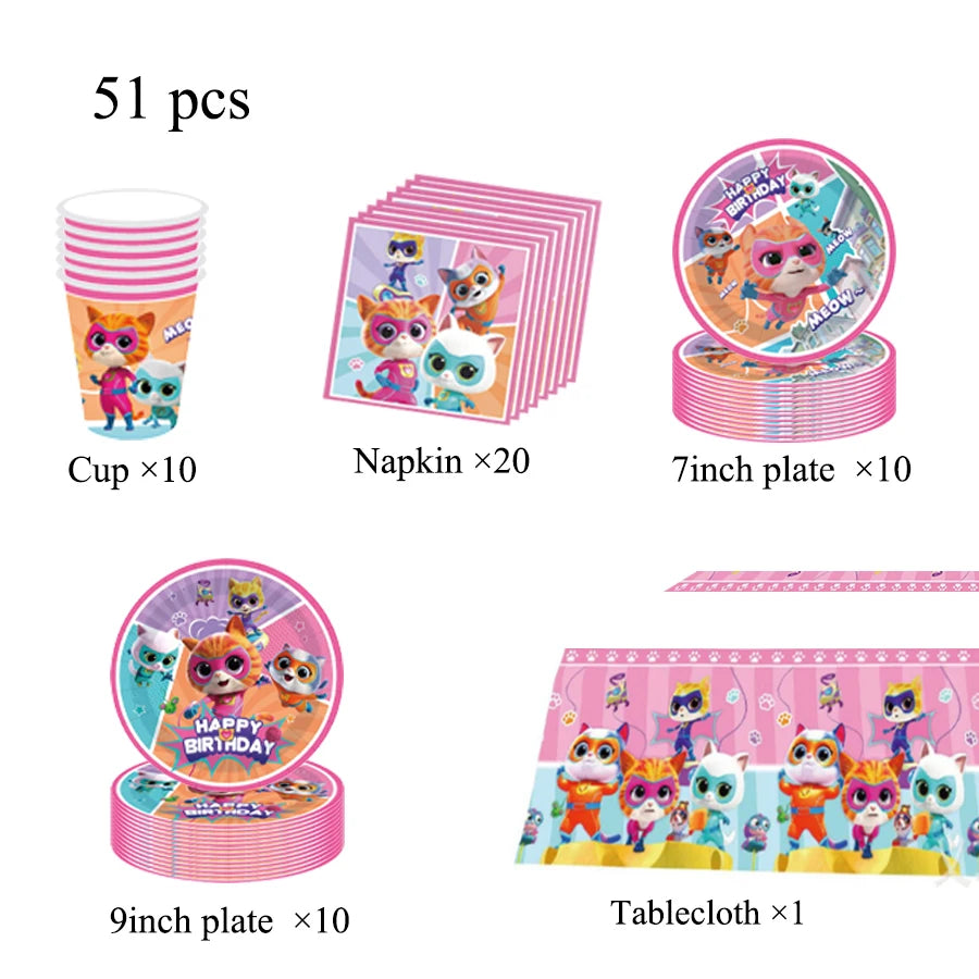 accessoires fête dessins animés chats mignons assiettes serviettes gobelets bannière décoration gâteau ruban table
