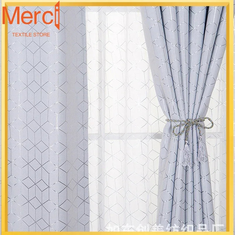 rideau occultant polyester motif hexagone gris clair moderne chambre salon