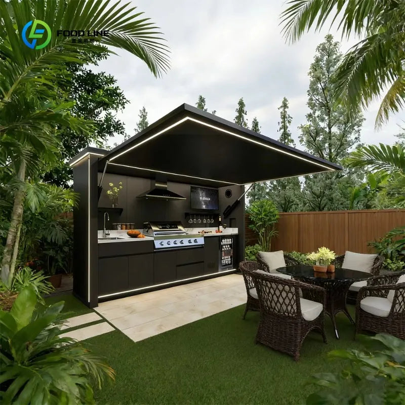 cuisine exterieure moderne acier évier rangement réfrigérateur intégré machine ventilation éclairage led plancher antidérapant