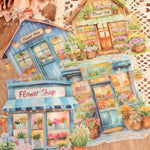 autocollants muraux motifs maisons fleurs détaillés couleurs marron bleu vert rose jaune violets opaquesscrição