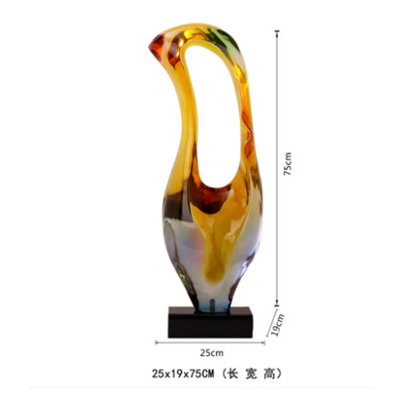 sculpture abstraite moderne résine couleur jaune orange marron blanc verte translucide base marbre noir
