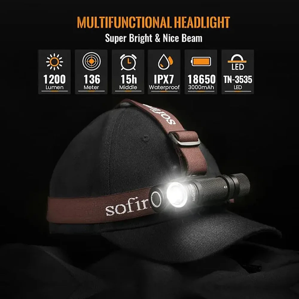 lampe frontale rechargeable led 18650 ipx7 optique tir 4000k 5000k camping randonnée pêche