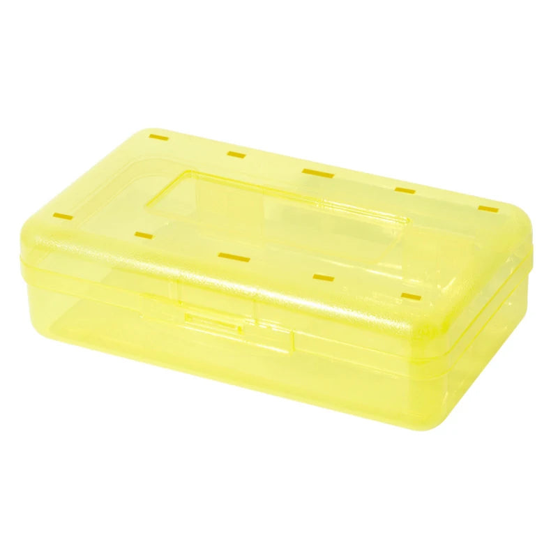 boîtes rangement fournitures scolaires rose bleu jaune transparent texture mat pratique moderne cliquet fermé