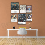 Sur un mur ocre, diverses affiches d'artistes emblématiques tels que Umberto Boccioni, Bogomazov et Kazimir Malevitch encadrent un bureau sobre et épuré, créant une ambiance minimaliste et artistique.