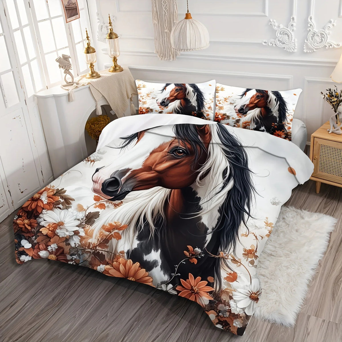 ensemble literie moderne cheval animé housse couette taies d'oreiller impression numérique blanc orange