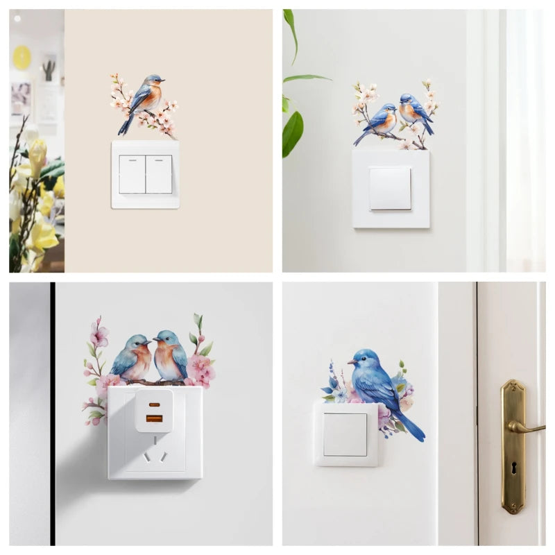 interrupteur mural oiseaux bleus fleurs roses adhésif pvc moderne décoration chambre salon blanc