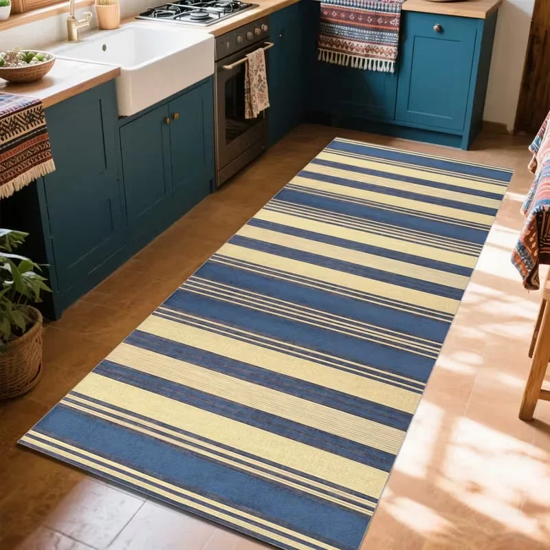 tapis moderne bleu beige rayé rustique salon chambre salle bain polypropylène polyester