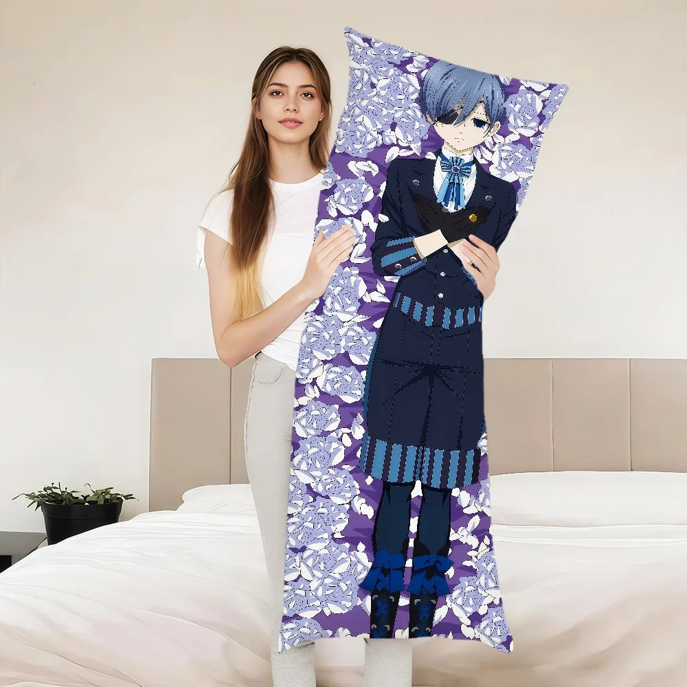 coussin allongé anime violet bleu blanc fleurs stylisées personnages 100 polyester double face imprimé