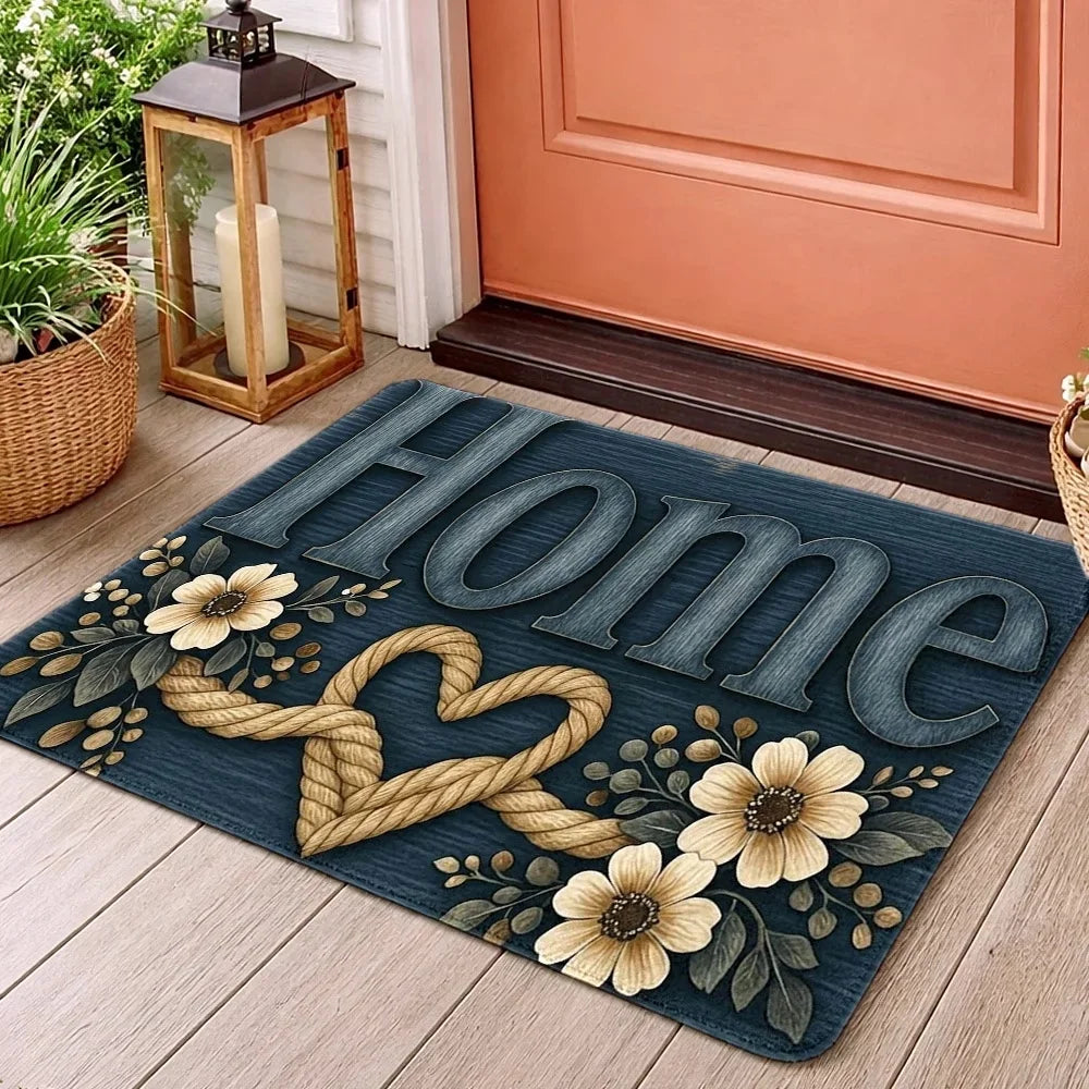 tapis d'entrée bleu marine lettres sweet motifs floraux rustique 40x60cm résistant rides vintage