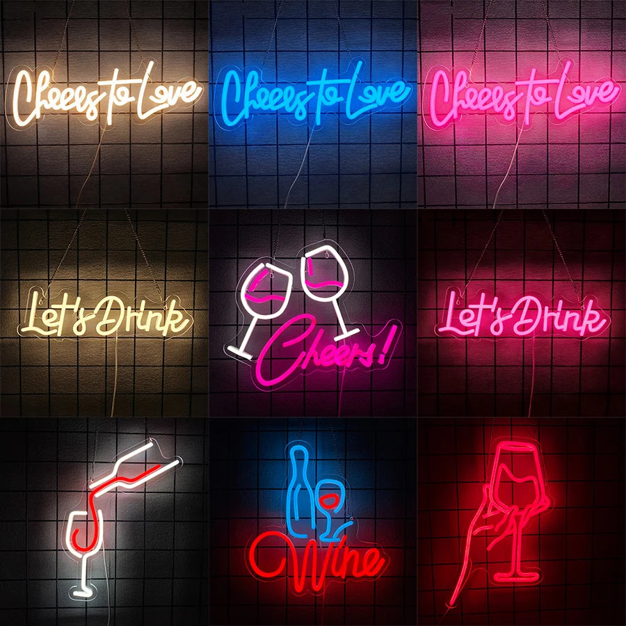 néon lumineux lettrage cheers vin lettres drink blanc rouge bleu rose moderne décoration chambre