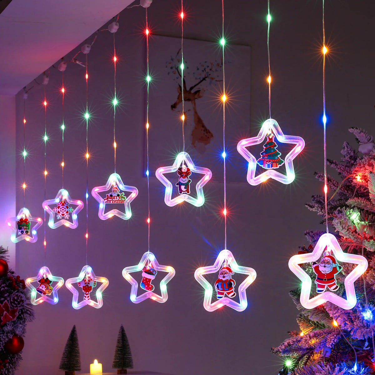 guirlande lumineuse noël multicolore flocons sapins père noël moderne télécommande led 100 ampoules 3m