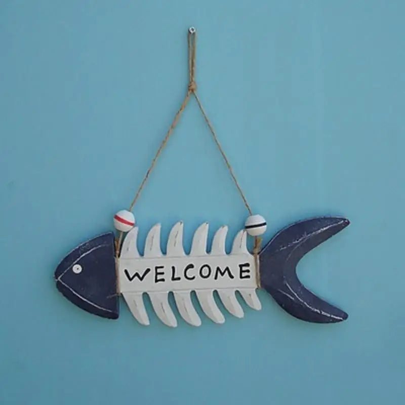 décoration murale plaque bois bleu marine squelette poisson corde bouées rouge bleu