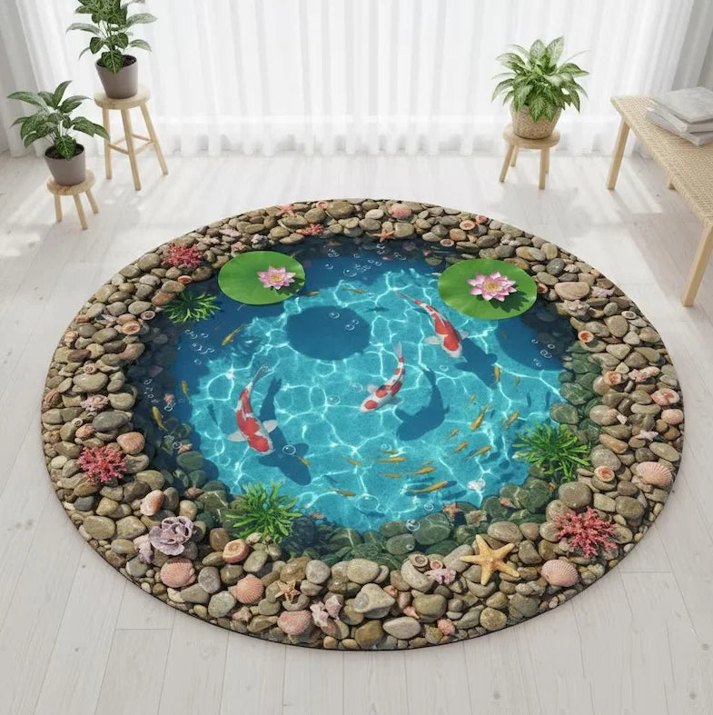 tapis rond géométrique moderne polyester bleu orange blanc floral thème marin 80x80cm