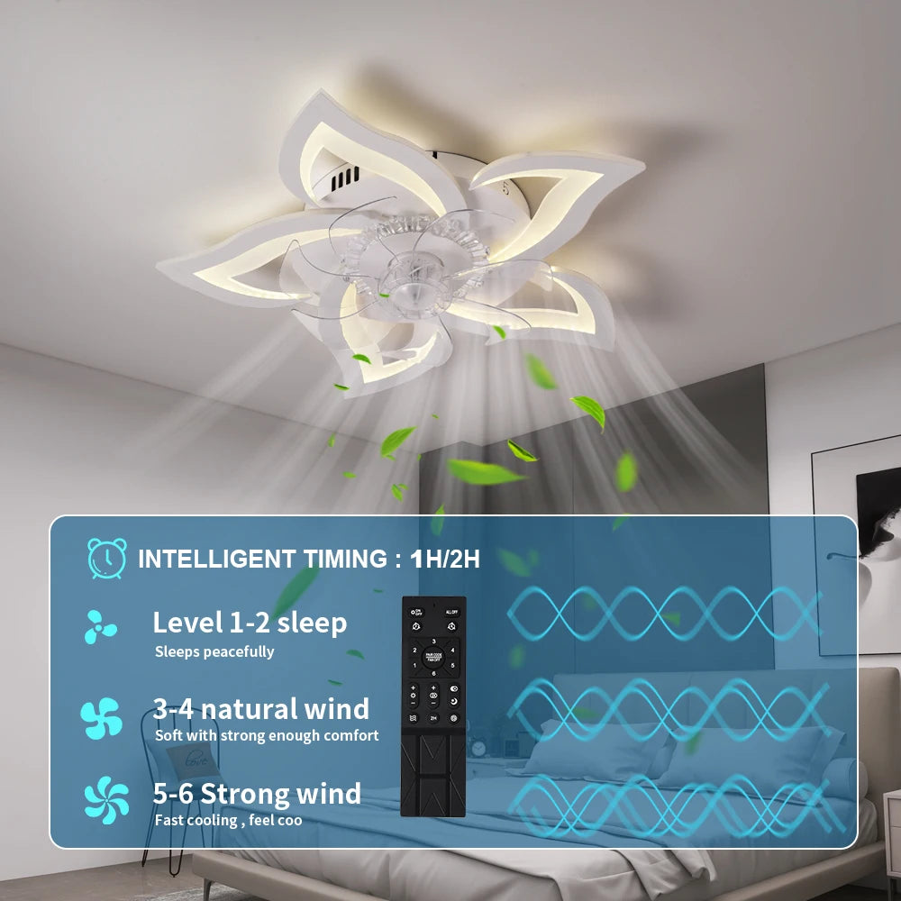 ventilateur éclairage moderne intensité variable forme fleur télécommande application minuterie vitesses led noir blanc