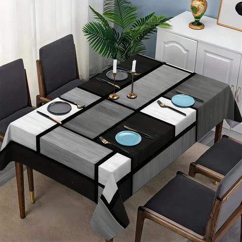 nappe table rectangulaire motif géométrique noir blanc gris décoration fête moderne polyester lavable