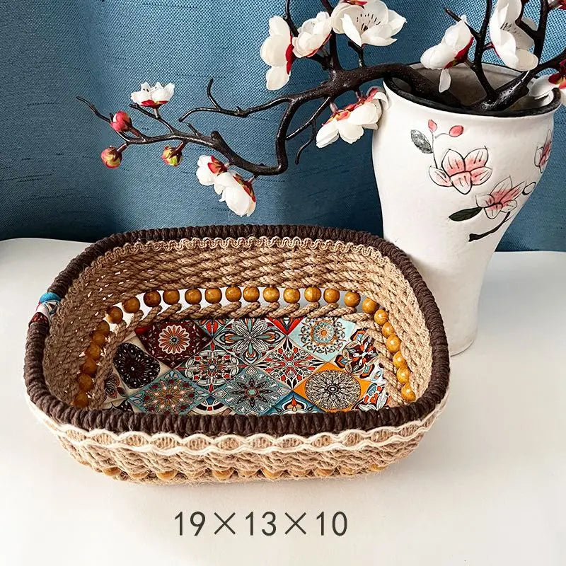 panier rangement boho marron beige vert motifs floraux rustique