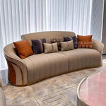 canapé moderne forme bois texturé coussins décoratifs beige orange bleu rose