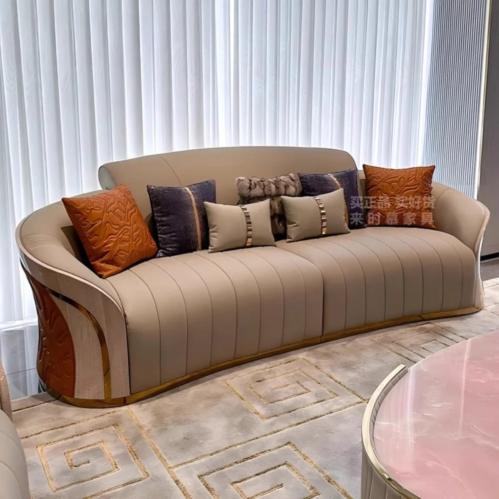 canapé moderne forme bois texturé coussins décoratifs beige orange bleu rose