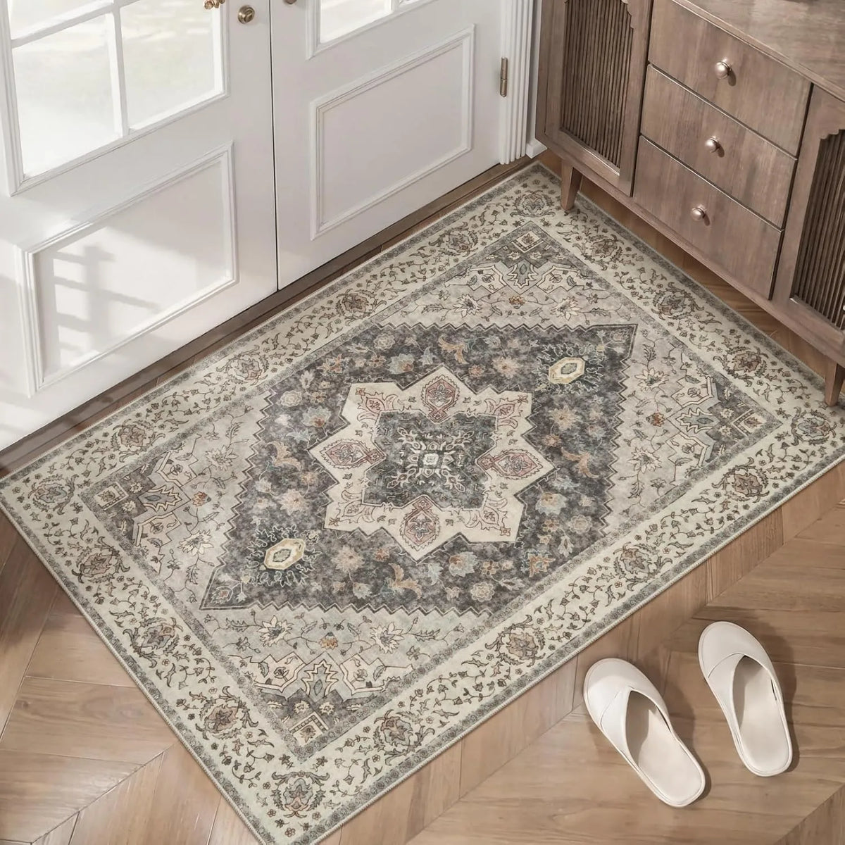 tapis persan floral géométrique moderne gris beige résistant extérieur entrée salon
