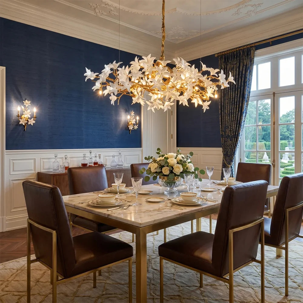 lustre suspendu classique doré blanc fleurs stylisées 160cm 180cm 200cm lumière chaude neutre lumière