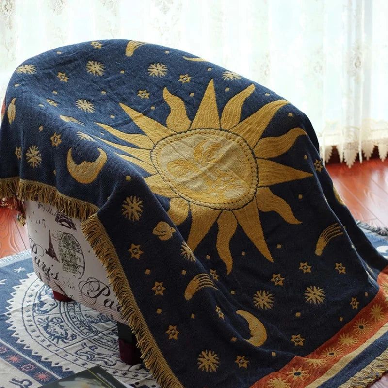 couverture tissée jacquard scénique soleil lune étoiles bleu foncé doré portable qualité adulte rectangle