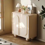 meuble rangement moderne bois motifs géométriques beige clair pieds ronds