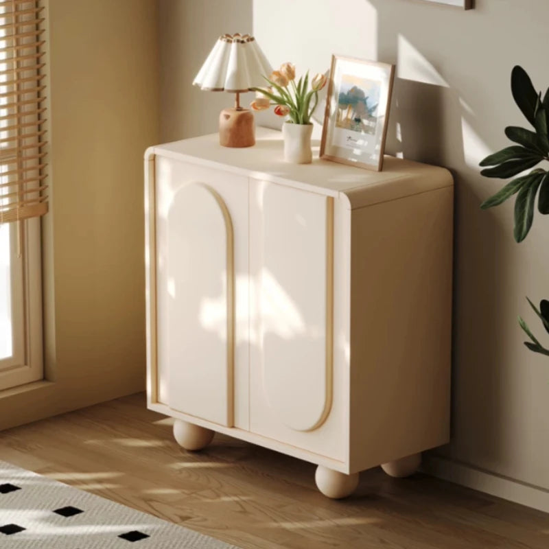 meuble rangement moderne bois motifs géométriques beige clair pieds ronds