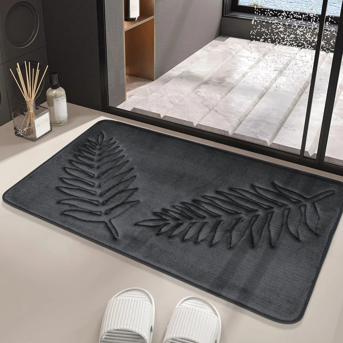 tapis bain doux feuilles fougère relief moderne vert gris polyester