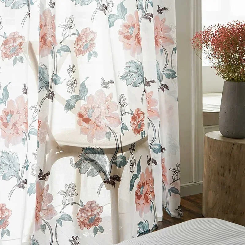 rideaux voilage blanc floral translucide tringle embouts chambre salon moderne